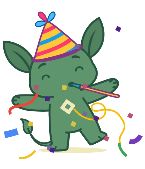 Gremly in a party hat with confetti