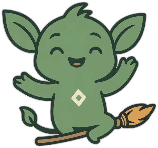 Gremly flying on his broom, very pleased