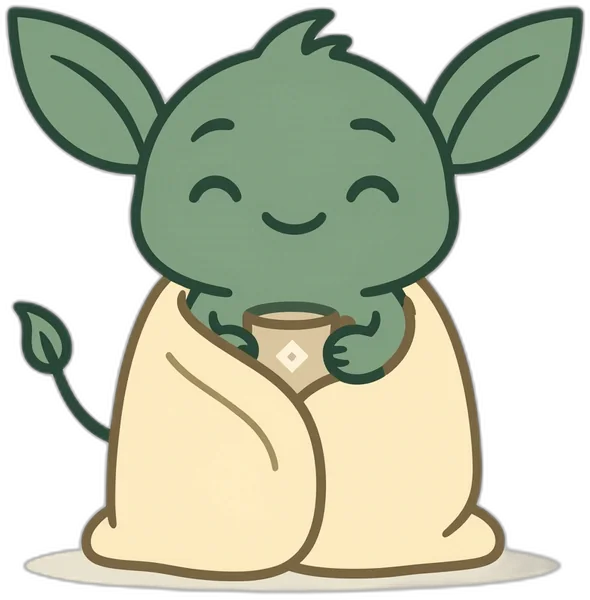Gremly wrapped in a blanket with a warm drink